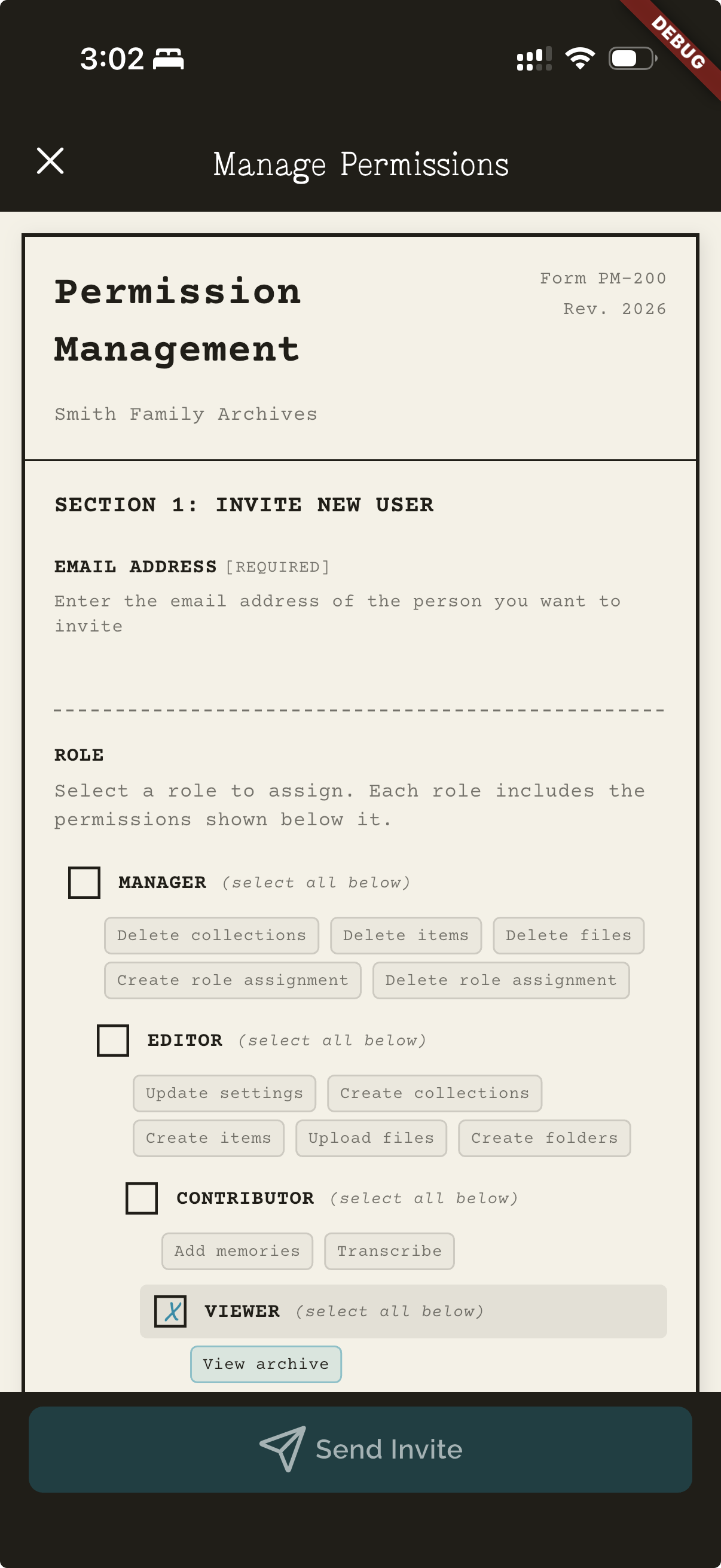 Archive permissions screen
