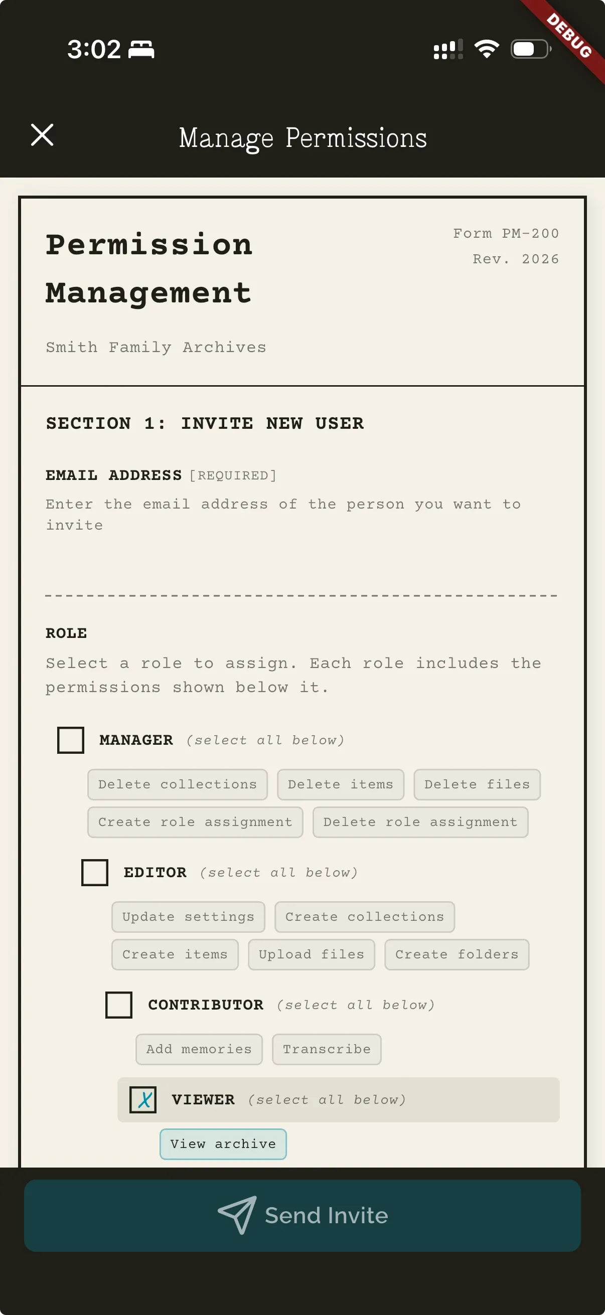 Archive permissions screen